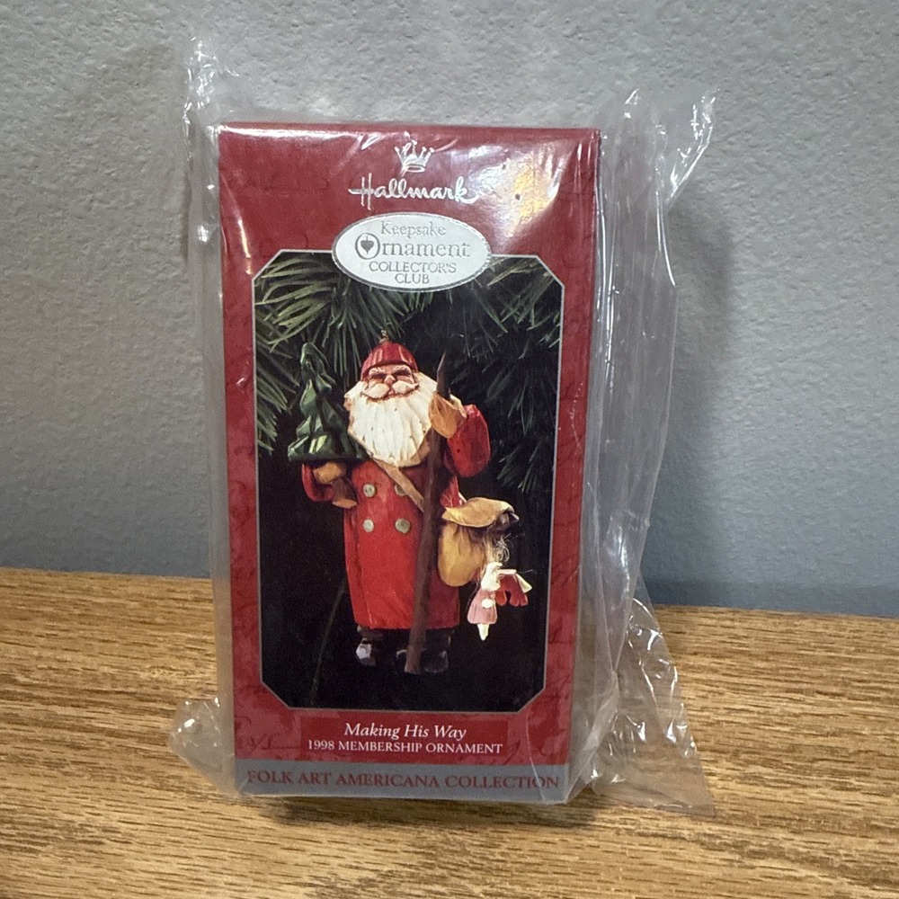 Vintage Collectors Hallmark Folk Art Santa Claus Ornament Making His Way 1998